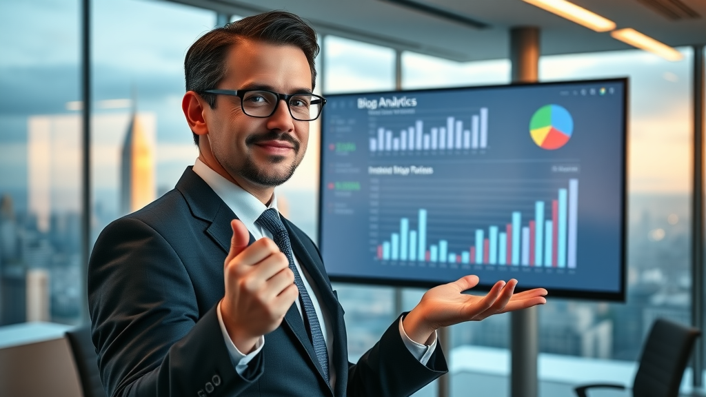 Confident business professional presenting blog analytics, business blog authority, digital screen industry leader