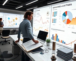 insightful social media analytics, concentrated, interpreting reports, photorealistic, modern office filled with charts and reports, highly detailed, complex graphs updating in real-time, super-resolution, monochrome with splashes of color, focused overhead lighting, shot with a 24mm lens.