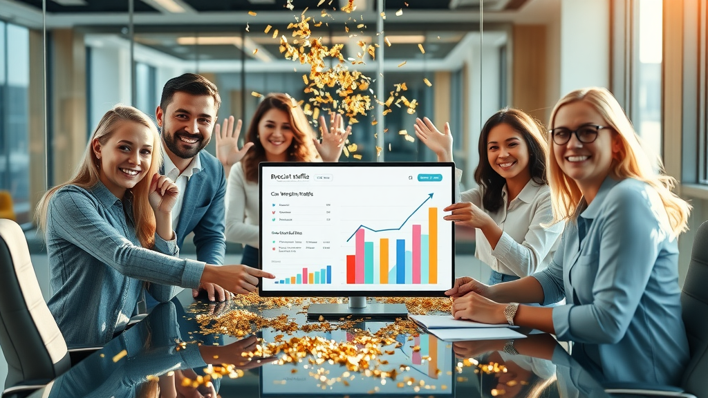 Plano business team celebrates SEO blogging success with analytics dashboard