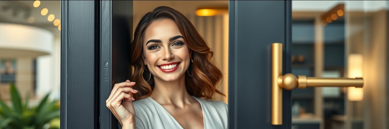 Confident woman entering medical esthetics clinic for injectables neurotoxins