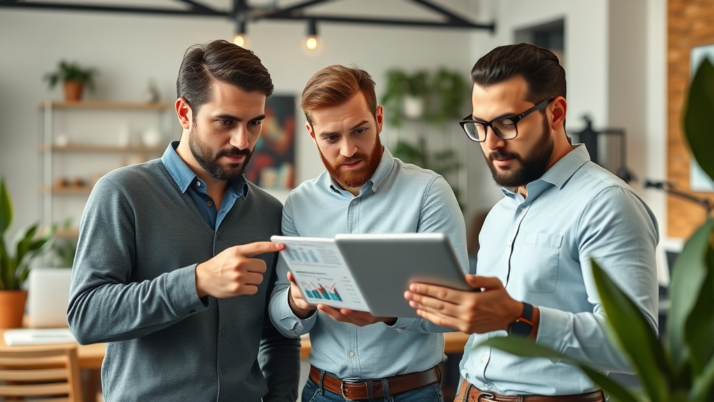 small business owners reviewing marketing trend data digital analytics tablet