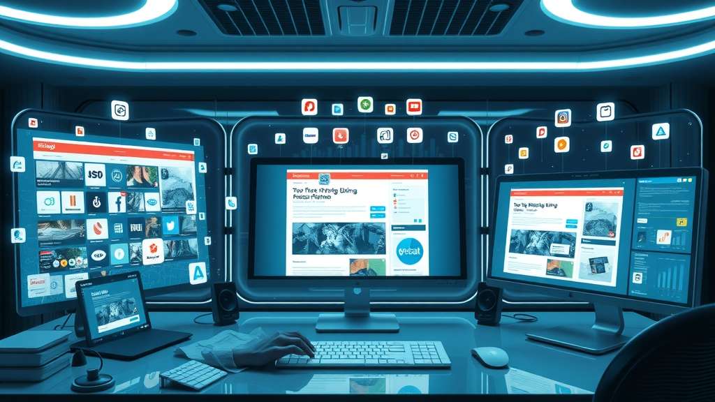 Modern work desk showing blogging and marketing platforms, holographic digital space for content marketing in Plano