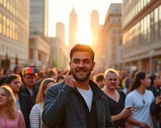 influential social media influencer, charismatic, sharing content, photorealistic, urban environment with landmark buildings in the background, highly detailed, a diverse crowd gathering and reacting, high-definition imagery, lively and bold colors, golden hour lighting, shot with an 85mm lens.