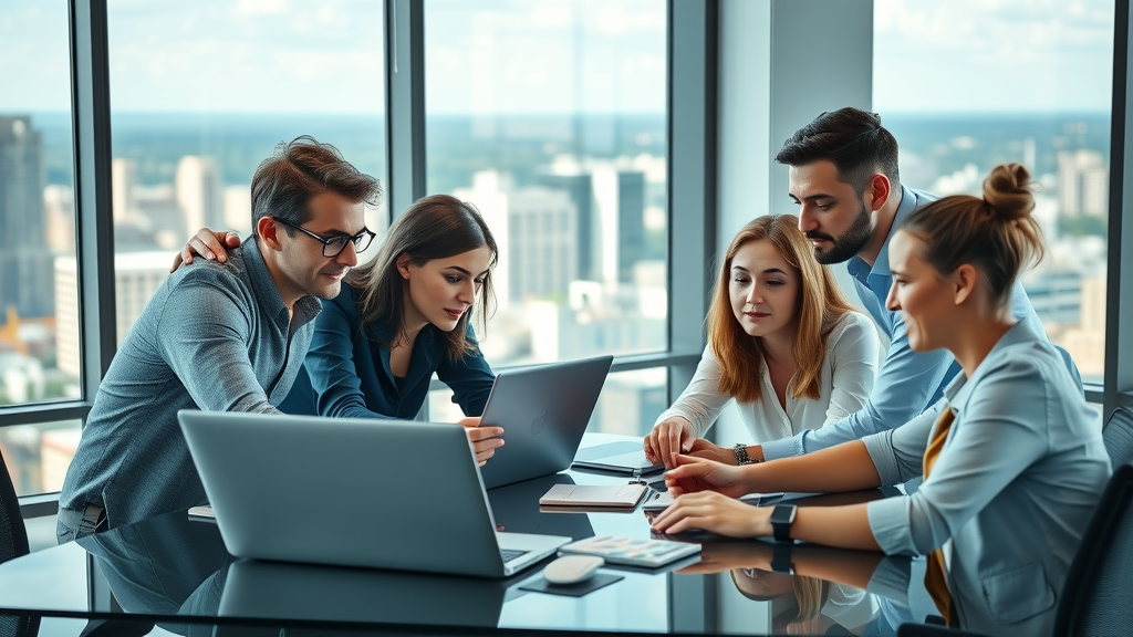 Digital marketing team strategizing content marketing in a modern Plano office, cityscape visible, professional collaboration for customer engagement through blogging in Plani