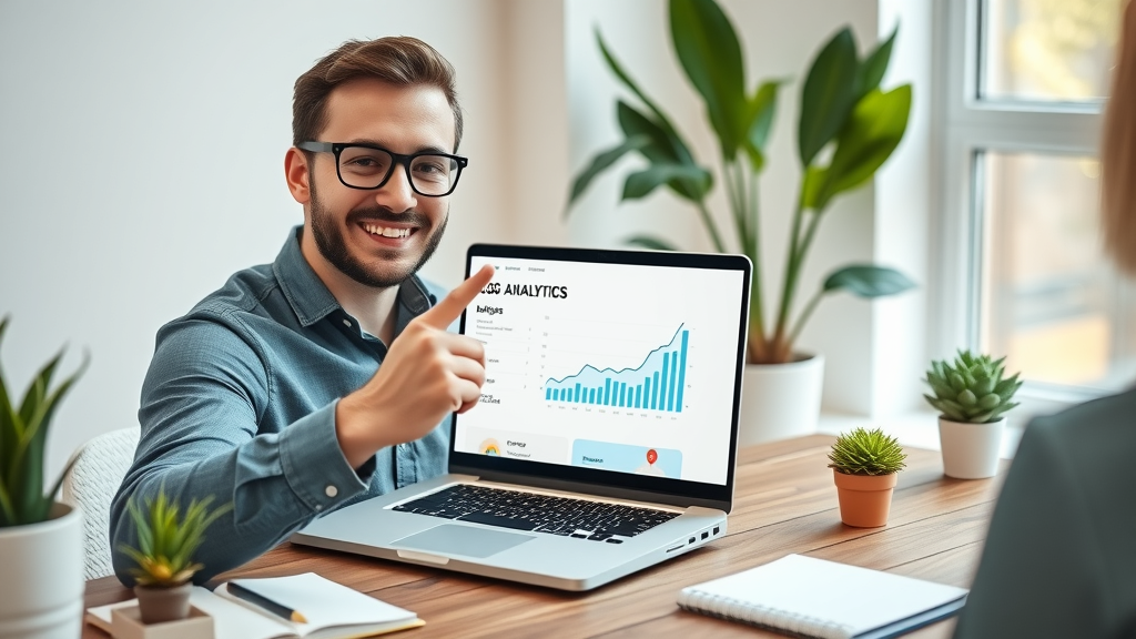 business owner reviewing blog analytics on laptop, small business website focused on blog content and online presence