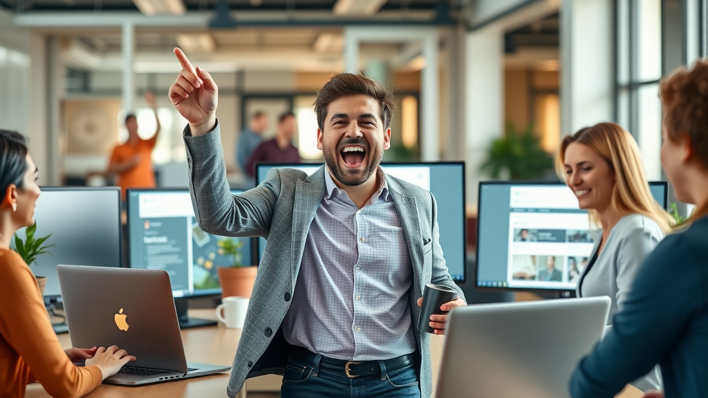 Plano business owner launches new blog campaign with team, excited digital marketing celebration