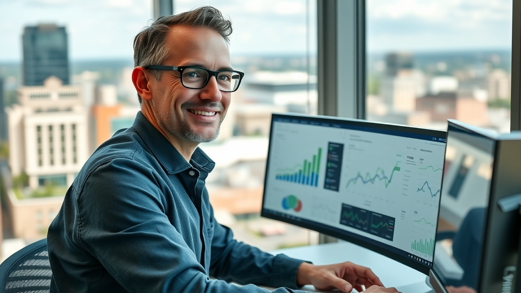 Plano marketing manager analyzing SEO metric dashboards for digital marketing campaigns