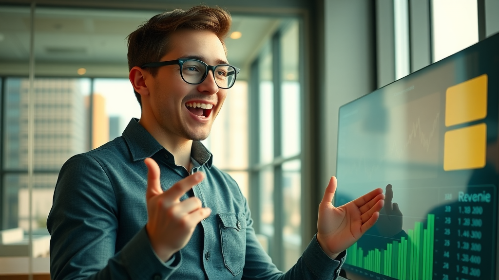 Successful Dallas entrepreneur reviewing increasing revenue statistics on digital dashboard; business and financial growth in North Texas driven by digital-first dallas business strategies