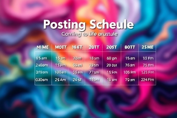 artistic posting schedule, creative, coming to life, photorealistic, art studio with brushes and paints, highly detailed, flowing colors, artistic blur, multicolor hues, soft diffused lighting, shot with a macro lens.