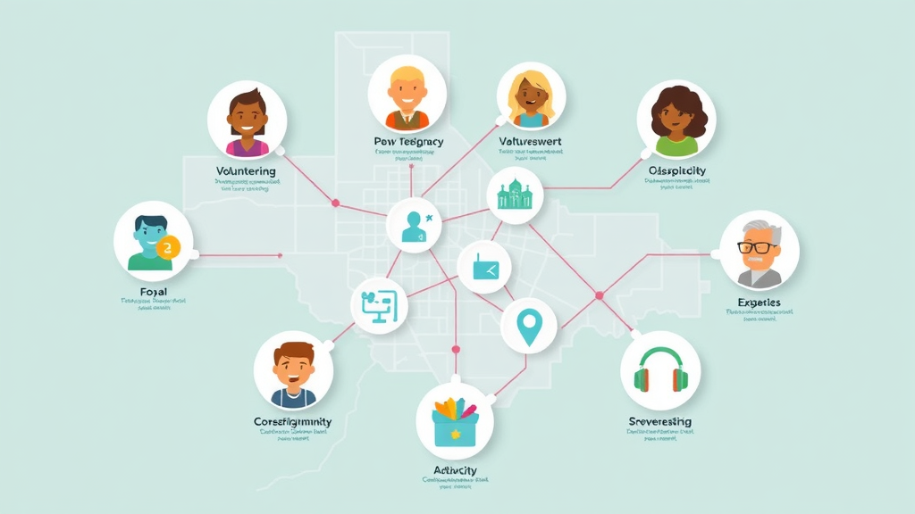 Modern infographic visualizing 8 types of community engagement, Dallas city map, icons for volunteering, advocacy, empowerment, and other forms of engagement. Community engagement Dallas visual summary.