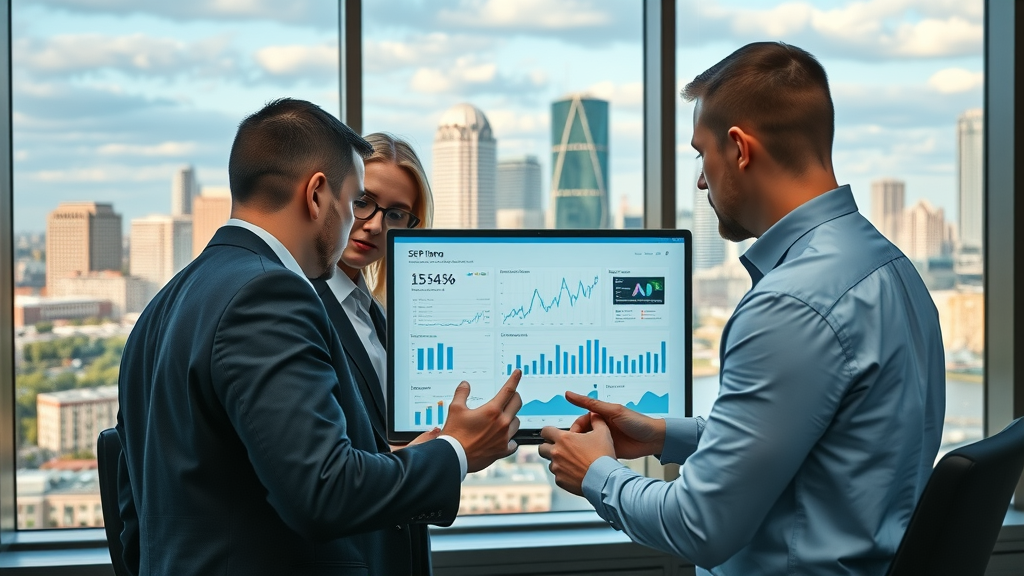 Plano cityscape SEO dashboard business professionals digital marketing metrics
