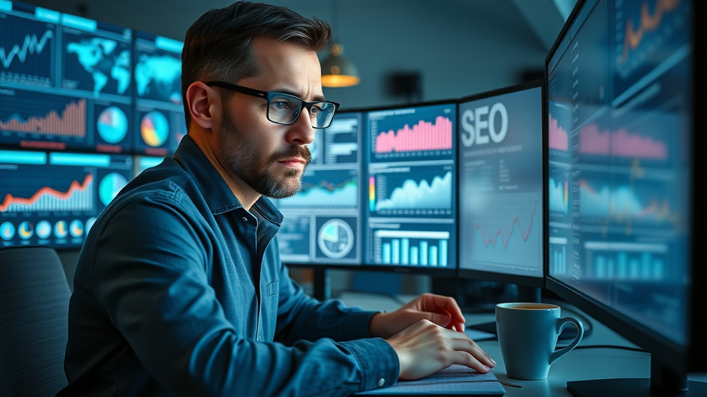 marketer analyzing SEO data for business blog, improving blog posts and search engine optimization for small businesses