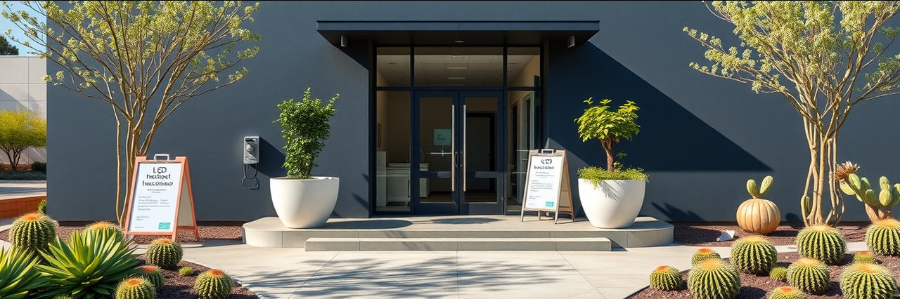 Modern clinic exterior with coolsculpting fat reduction sign and desert landscaping