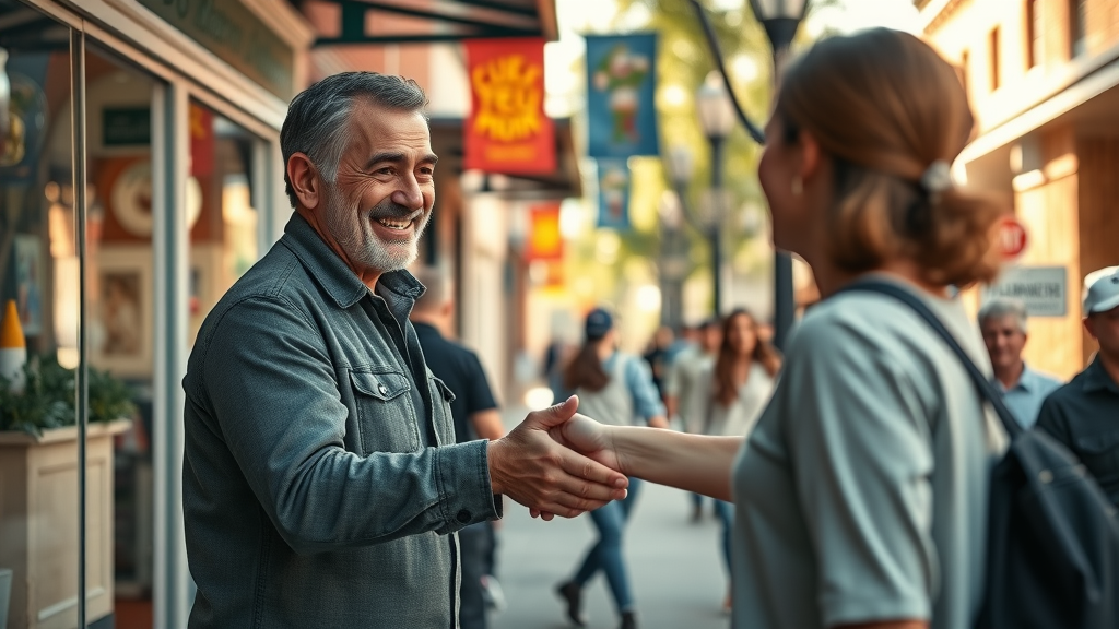 engaging with customers on local main street - local business owner fostering business marketing by building relationships in the community