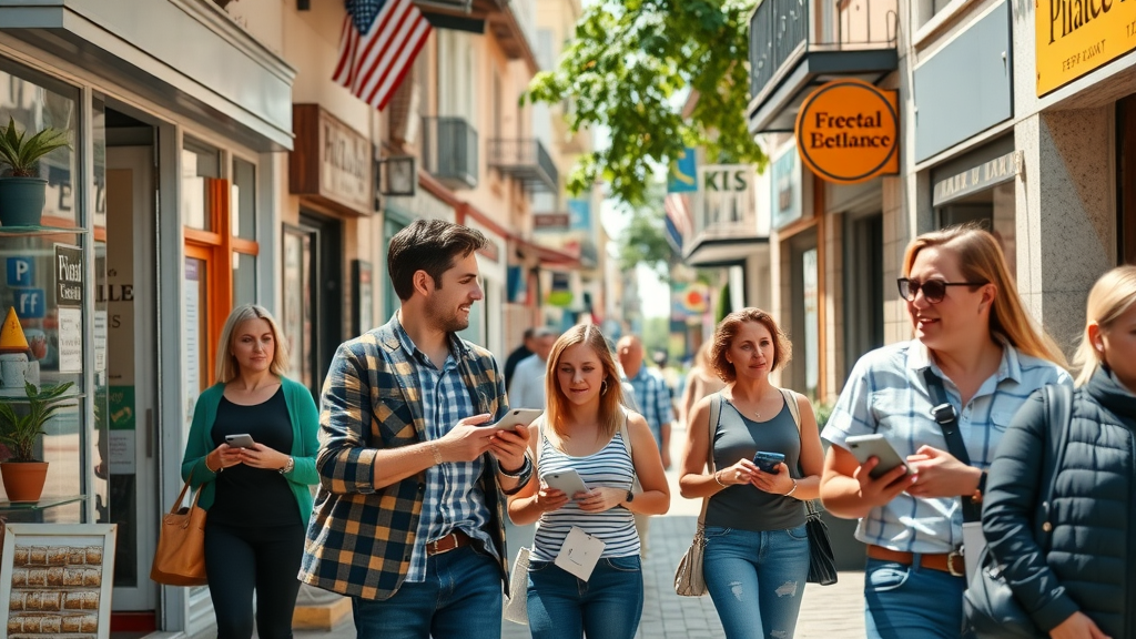 bustling small town business district Plani engaging digital marketing local SEO energetic entrepreneurs vivid colors