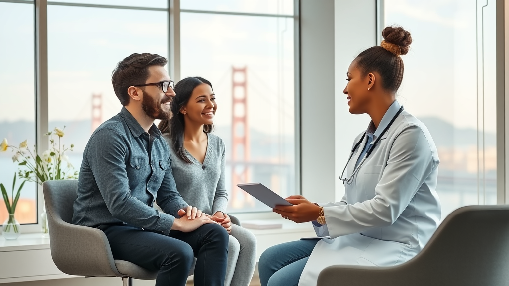 Consultation at San Francisco fertility clinic with caring doctor and hopeful patients.