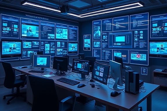 versatile SocialMedia scheduler, adaptive methods, enhancing efficiency, photorealistic, high-tech office with holographic screens, highly detailed, digital beeps, 7070x4000 resolution, steely blues and blacks, sharp focused lighting, shot with a 70mm lens