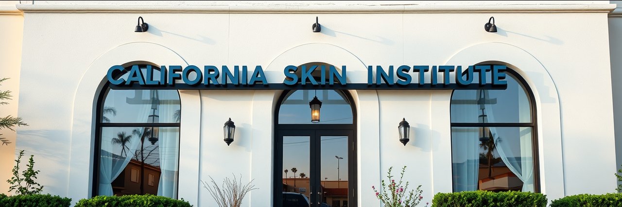 Modern clinic building for cosmetic dermatology treatments with arched facade.