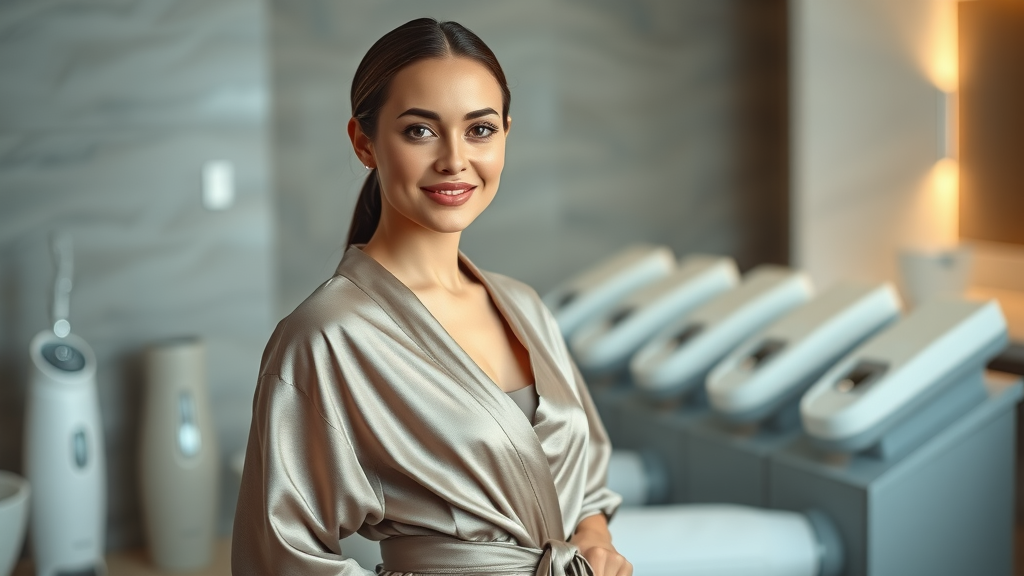 Confident woman after body contouring treatments at modern med spa.