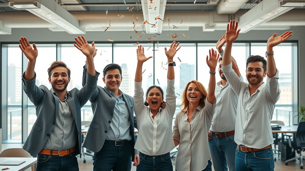 Enthusiastic small business team in Dallas celebrating growth, modern workspace, city skyline view, small business growth dallas