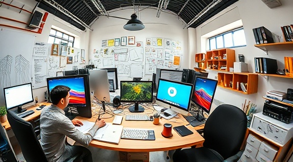engaging engagement posts, enthusiastic, creating compelling content, photorealistic, a bustling creative studio filled with sketches and tech gadgets, highly detailed, swirling ideas and computer screens, high-definition clarity, vibrant primary hues, studio lighting, shot with a fisheye lens.