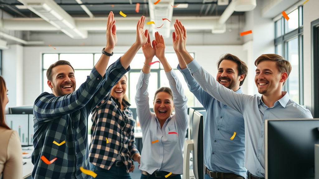 small business team celebrating business blogging success, confetti and charts displaying blog performance