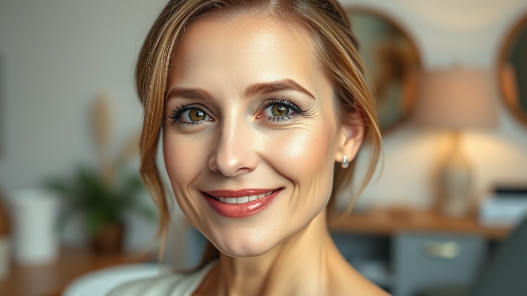 Confident woman after facial plastic surgery in a modern clinic setting.