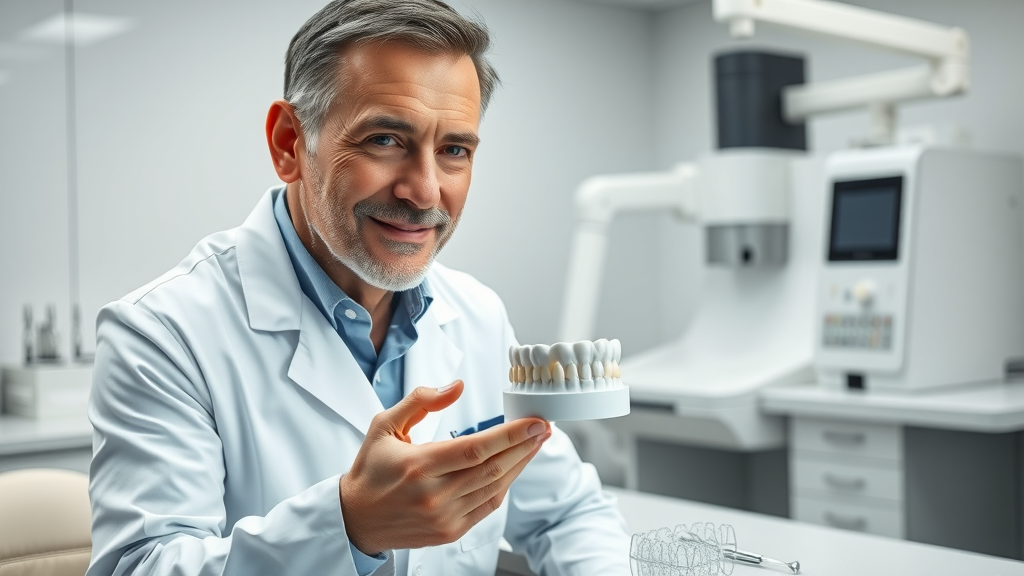 Dentist showing one-day dental crown in a high-tech dental office