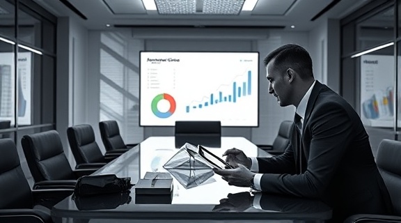 intuitive analytics data, confident decision-maker, strategizing with, photorealistic, sleek boardroom with smart tablets, highly detailed, cloud-based analysis, crisp clarity, monochrome palette, accent lighting, shot with a 135mm prime lens
