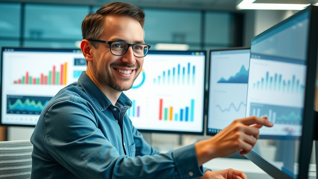 blogging strategy - Confident marketing professional reviewing blogging analytics charts in a modern digital workspace.