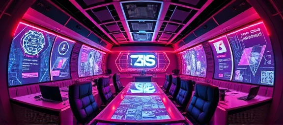 futuristic posting organizer, meticulous, arranging events, photorealistic, tech-savvy environment with holographic screens, highly detailed, dynamic holograms, ultra-high resolution, neon colors, LED lighting, shot with a fish-eye lens.