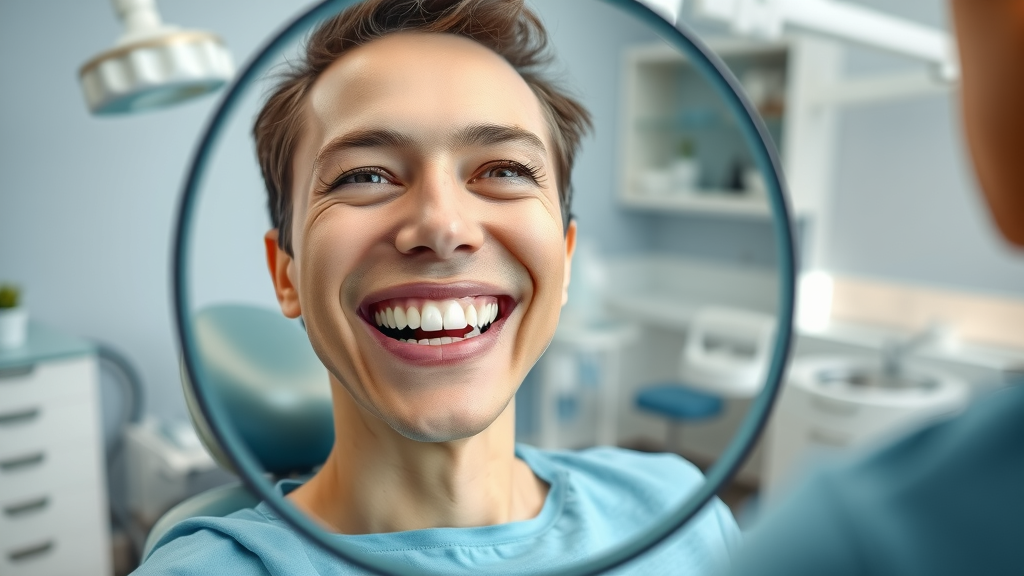 Patient admiring smile after professional dental service in modern clinic