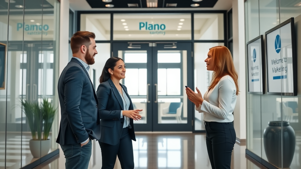Welcoming digital marketing team greeting new client at stylish Plano agency; optimal customer engagement focus