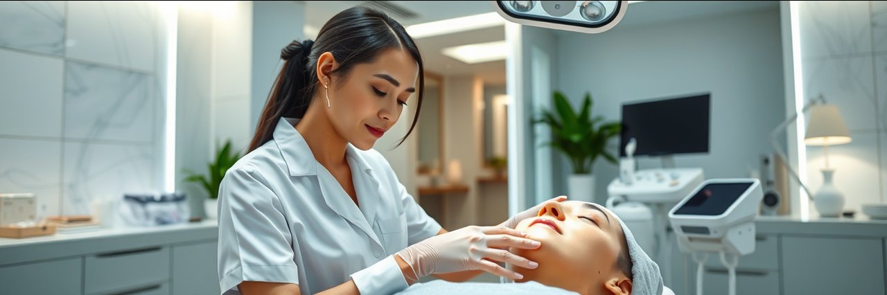A medical aesthetician performs a facial at a San Francisco clinic, modern spa setting.