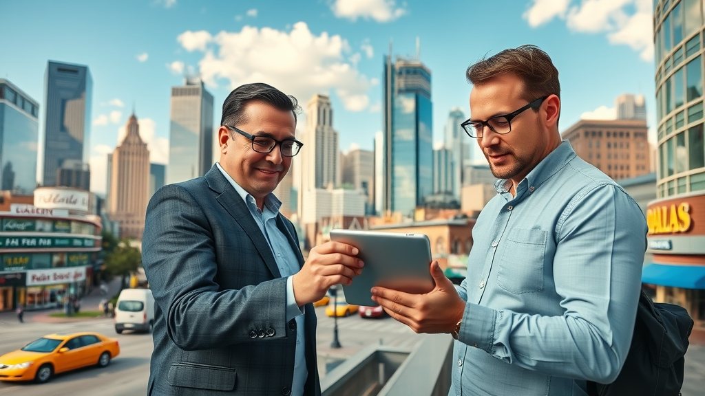 Vibrant downtown Dallas skyline with business owners analyzing digital analytics - Local SEO Dallas