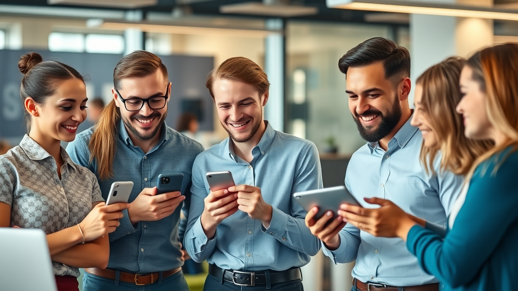 modern small business team using smartphones and laptops for social media strategies for small businesses