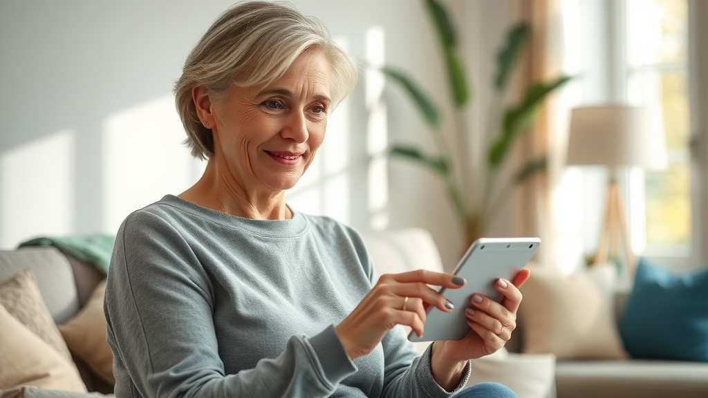 Woman easily booking a teletherapy appointment online in a sunny living room