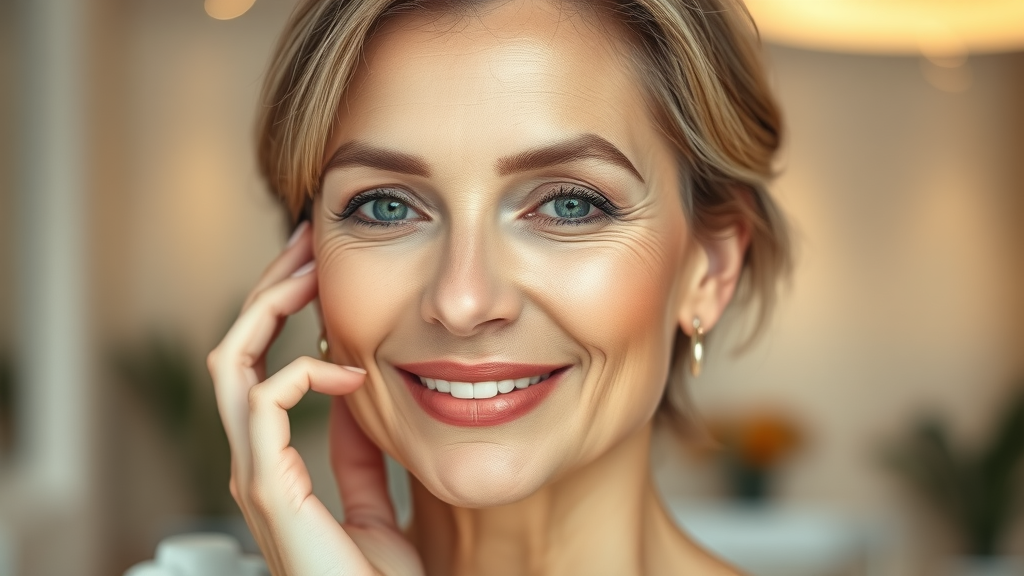 Radiant woman with flawless skin in clinic, showcasing anti-aging injectables transformation