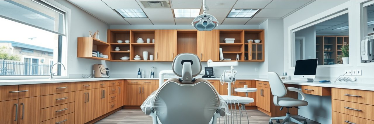 Miami family dentistry modern dental office with chair and equipment, clean and welcoming.