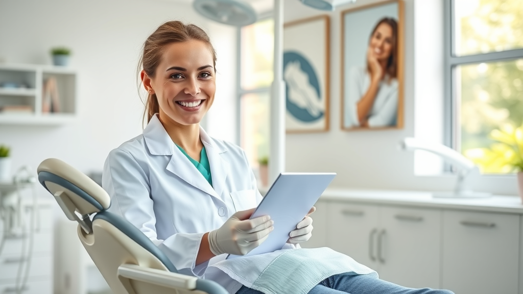 Professional dental service clinic with friendly dentist and patient interaction