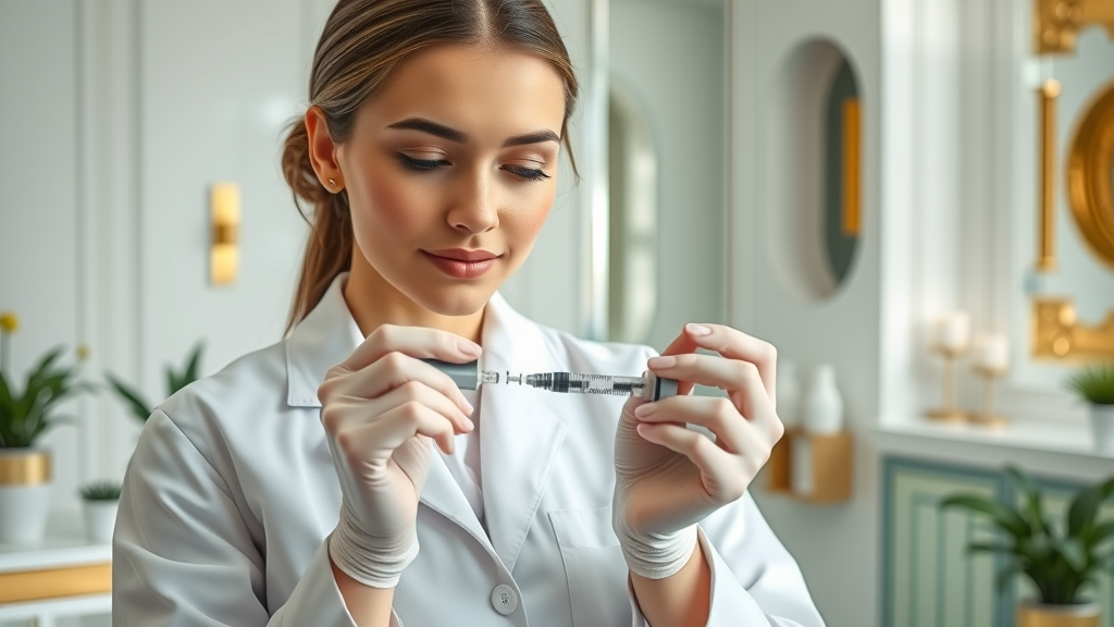 Aesthetic nurse prepares anti-aging injectables in luxury spa room with golden accents