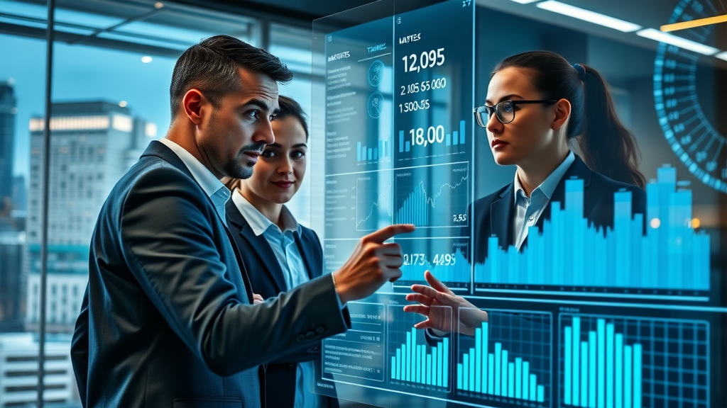 Dallas marketing team analyzing digital analytics dashboard, interactive data trends for real estate market audience, futuristic workspace