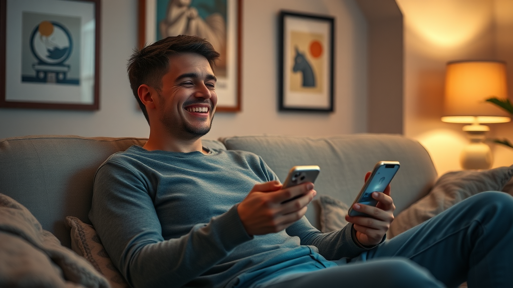Man comfortably scheduling evening teletherapy session on smartphone from home