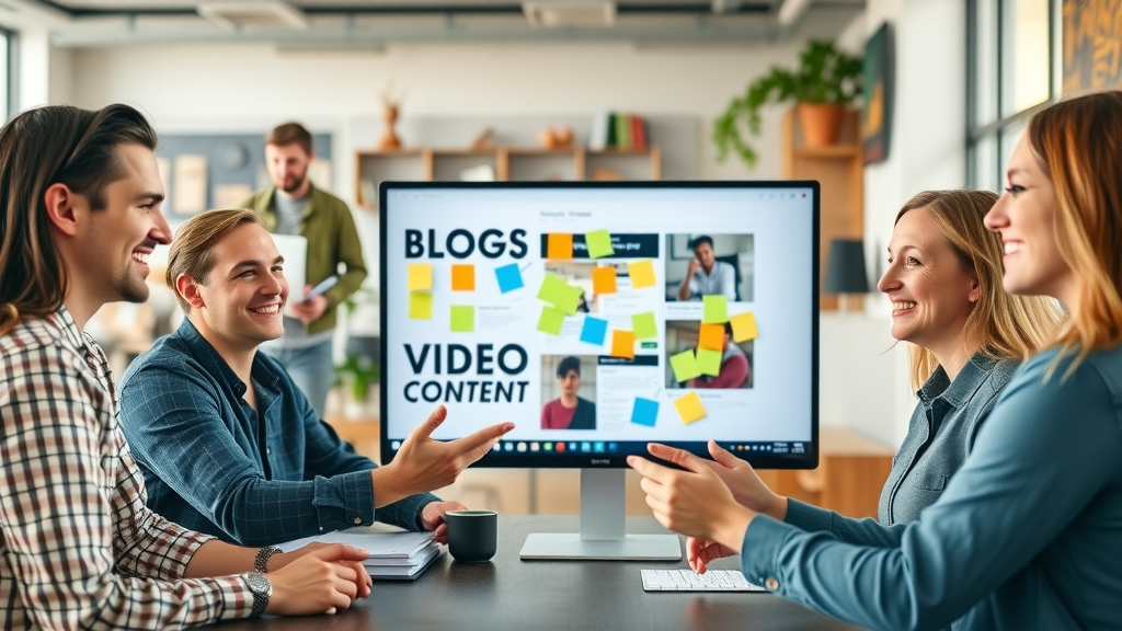 small business content team collaborating planning blog video content