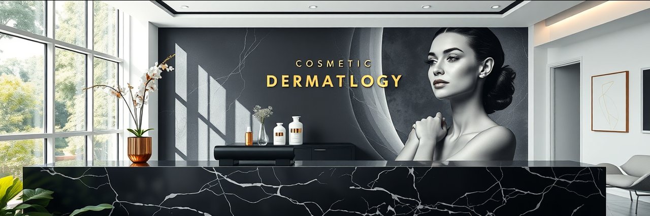 Modern cosmetic dermatology clinic in Newport Beach with elegant marble reception and stylish décor.
