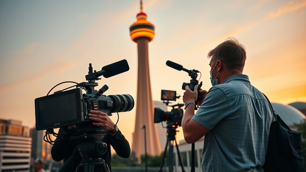 dynamic Dallas video team filming testimonial with Reunion Tower in background and golden hour sunset