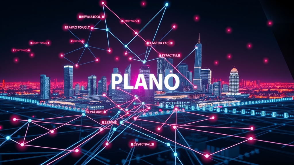 Interconnected keyword clusters forming Plano skyline, advanced keyword research tools for Plano bloggers