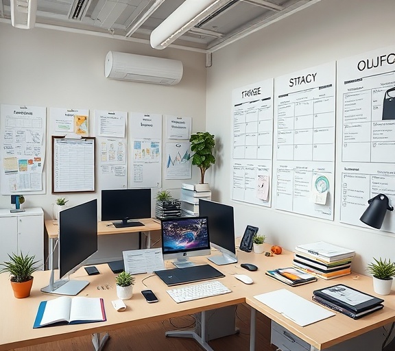 organized SocialMedia planner, clear strategies, evolving campaigns, photorealistic, panoramic view office with goal trackers, highly detailed, reminders ringing, 2800x2450 resolution, clean whites and greyscales, soft ambient lighting, shot with a 40mm lens
