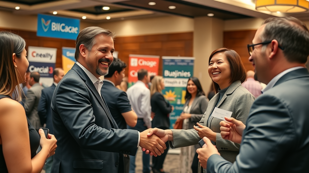 small business - Business networking event in Plano with local professionals shaking hands to solidify collaborative blogging strategy.
