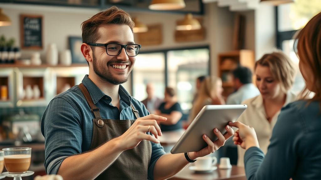 Happy local café owner serving customers as blog post receives positive feedback, small business blog benefits